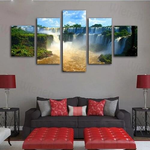 5 Pieces Landscape Waterfall Canvas HD Print Decorative Painting Modern Frameless Picture Wall Art Living Room Bedroom Home Deco