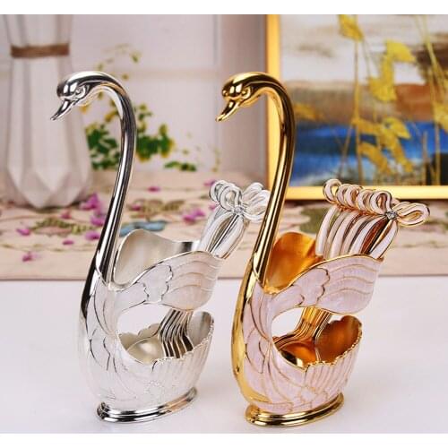6*Tableware Spoon+1*Swan Shaped Base Exquisite Dessert Coffee Cutlery Spoon For Kitchen Tableware Gadget Wedding Party Decor