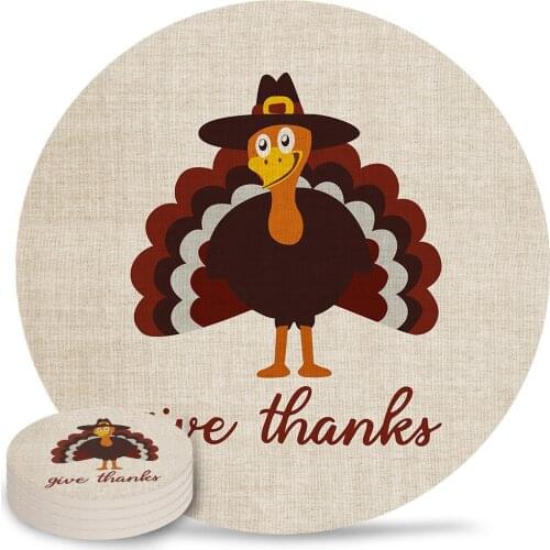 Autumn Thanksgiving Turkey Round Coaster Coffee Table Mats Kitchen Accessories Absorbent Ceramic Coasters