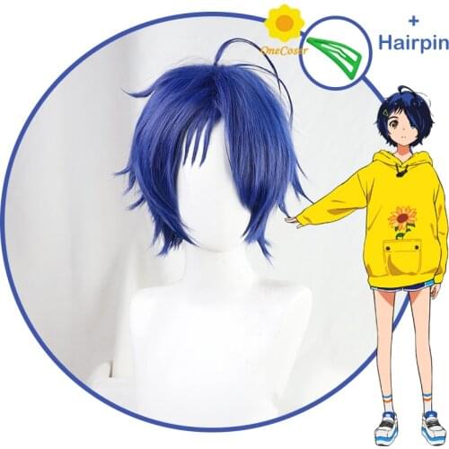 Anime WONDER EGG PRIORITY Ohto Ai Cosplay Wig Blue Short Hair with Hairpin Props Heat-resistant Fiber Hair + Wig Cap Party