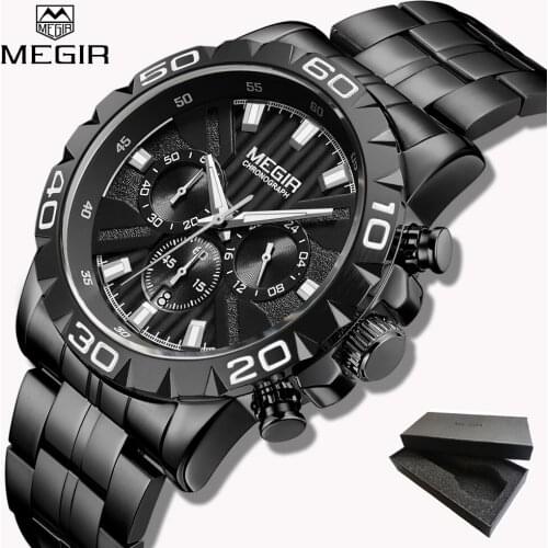 2019 New Watches Men Luxury Brand MEGIR Chronograph Men Sports Watch Waterproof Full Steel Quartz Mens Watch Relogio Masculino