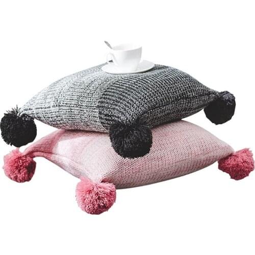 45*45 cm Gradient Color Black Pink Acrylic Knitted Cushion Cover Decorative Square Sofa Pillow Cover with Pompons