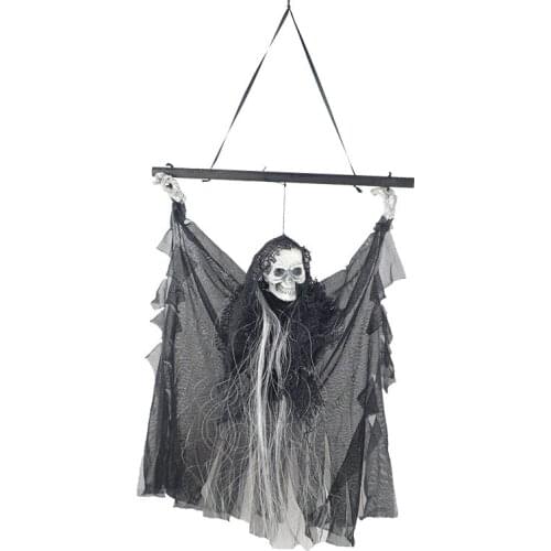 Halloween haunted house secret room escape. Scene layout decorative props, scary luminous skeleton Hanging Ghost