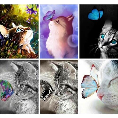 HUACAN Diy Diamond Painting Cat Farmhouse Home Decor Mosaic Animal Embroidery Butterfly Diamond Art Full Drill