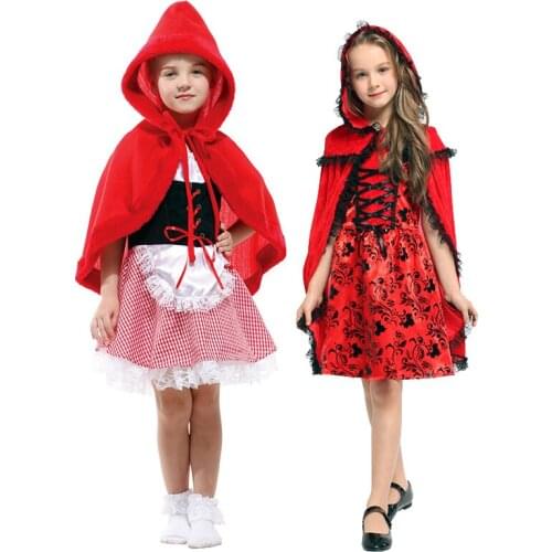 Girl Carnival Halloween Purim Little Red Riding Hood Costume Book Week Cute Plaid Lace-Up Cosplay Fancy Party Dress