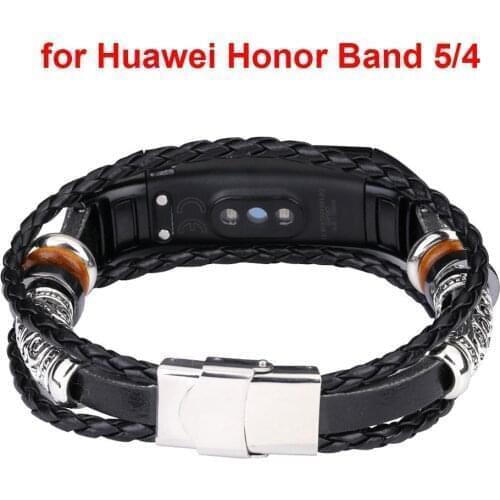 For Huawei Honor Band 5 Leather Strap Beading Bracelet Weave Braided National Style Honor5 Band5