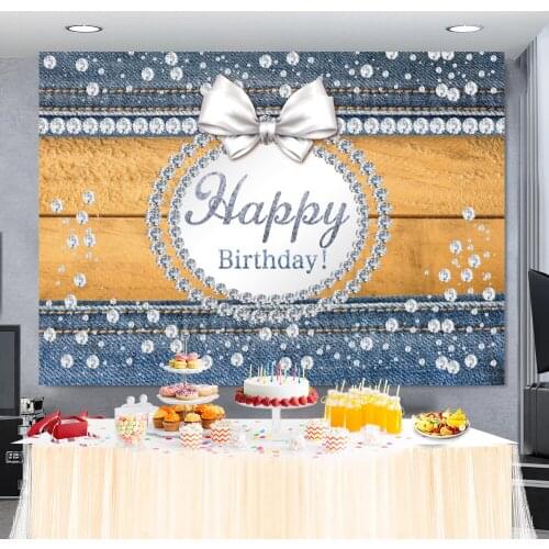 Laeacco Happy Birthday Photo Backdrop Diamond Purple Jeans Style Wooden Board Womens Birthday Party Photography Background