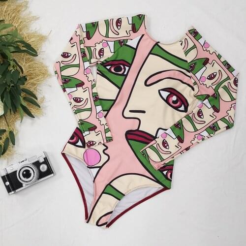 2021 New Long-sleeved Abstract Printed One-piece Swimsuit Womens Surfing Suit Swimwear Sports European and American Sexy
