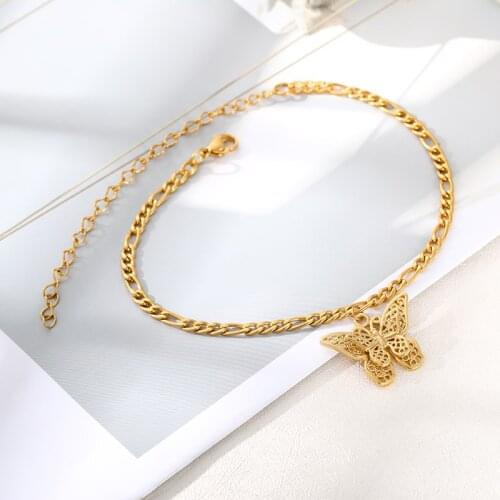 Wholesale Stainless Steel Rose Gold Fashion Retro Butterfly Anklet Double Stacked Hollow Pendant Woman Jewelry Anklet Gift