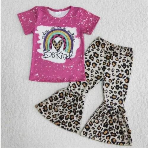 Fall winter girls clothing outfit Rainbow Rose Red short sleeve Top Leopard Print Flare Pants Set toddler girl boutique clothes
