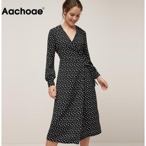 Aachoae Women Vintage Polka Dot Casual Long Dress 2020 V Neck Long Sleeve Wrap Party Dresses Female Boho Split Sashes Vestido