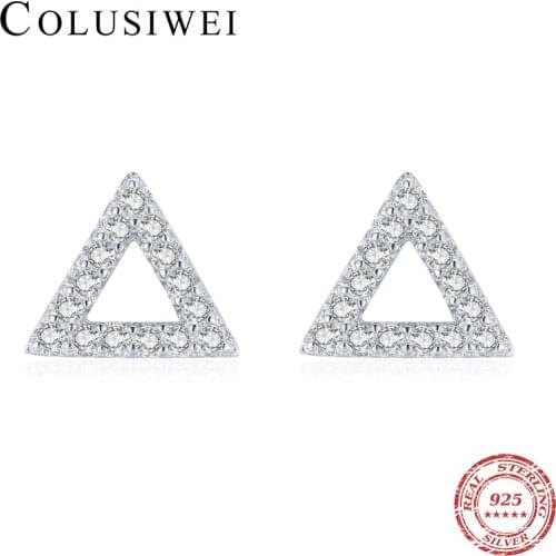 Colusiwei Hot Selling 100% 925 Sterling Silver Anti-Allergy Retro Bright Zircon Hollow Triangle Stud Earrings for Women Jewelry