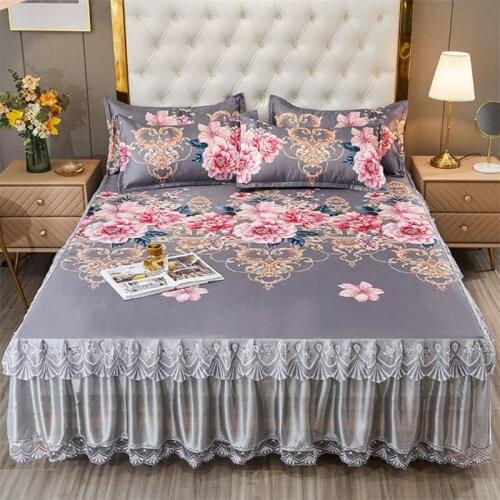 Thicken Fortune Flower Bed Skirt Home Textile Bedding 3pcs/set(1Bed Skirt + 2pcs Pillowcase) Bed Sheet King/Quee Bed Hot F0609