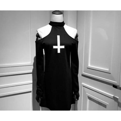 Japanese Dark Black Sexy Dresses Women Autumn New Harajuku Fashion Embroidery Cross Graphic Gothic Style Halterneck Mini Dress