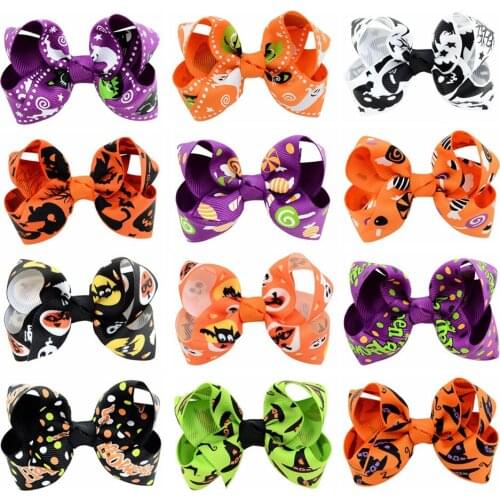 Halloween Bow Hairpin Cartoon Printed Headdress Party Decoration Bow Childrens Hair Accessories Hair Clips for Girls Barrettes