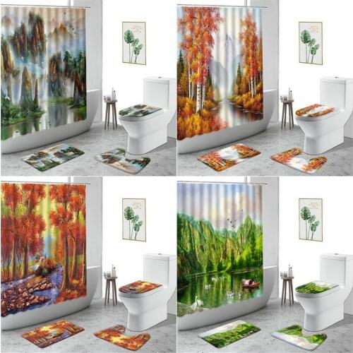 Oil Painting Scenery Shower Curtain Spring Summer Natural Landscape Fabric Bathroom 4-Piece Set Non-Slip Carpet Bath Curtains