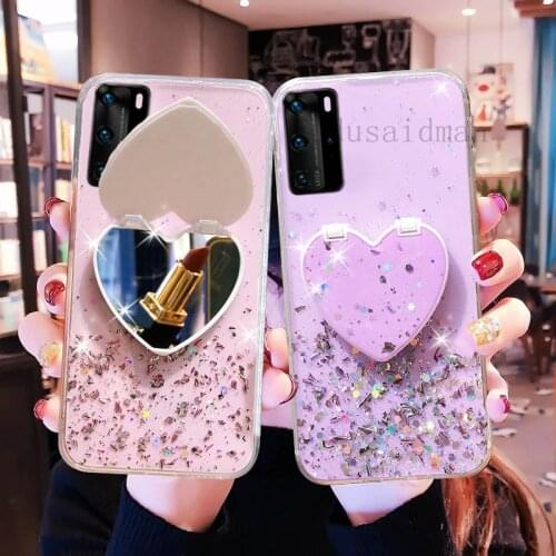 Love Heart Makeup Mirror girl Glitter Phone Case For Huawei P Smart 2020 2021 Honor 9A 9S 9C 9X 30i 20E 20 10 Lite 10i 8X 8A Pro