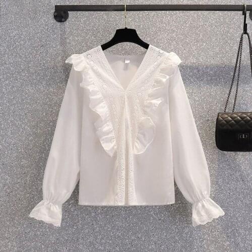 White Falbala V-Neck Long Sleeved Plus Size Korean Autumn Elegant Fashion Blouses And Tops WomenS Oversize Shirt Clothing 2021