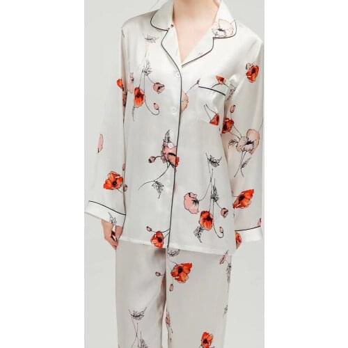 Women 100% Silk Pajamas Floral Flowers Printed Home Wear Fashion Long Sleeve Mulberry Silk Sleepwear Shirt Pants Two-Piec