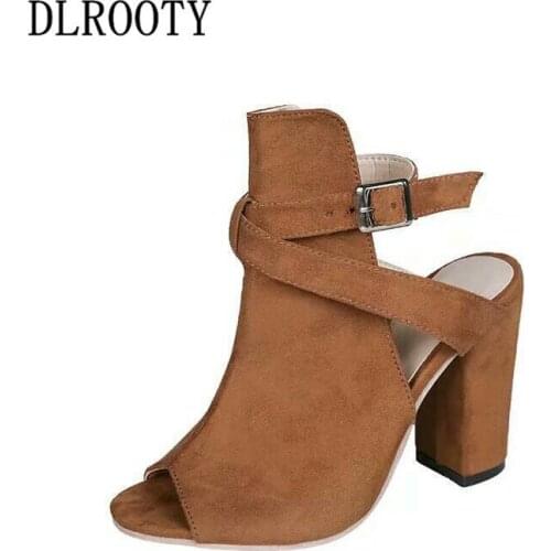 Woman Sandals Shoes Summer Pumps High Heels Thick Peep Toe Buckle Strap Fashion Hollow Solid Gladiator Plus Size 34-43