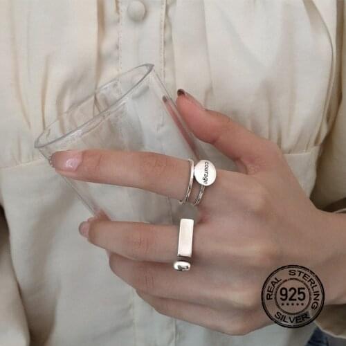 925 Sterling Silver Rings For Women Opening Adjustable Letter Geometric Retro Fashion Female Party Wedding Jewelry Gifts INEFFA