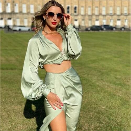 Giyu Satin Long Sleeve Elegant Two Pieces Dress Sets Women V-neck Crop Top Long High Split Skirt Outfits Sexy Solid Slim Suits