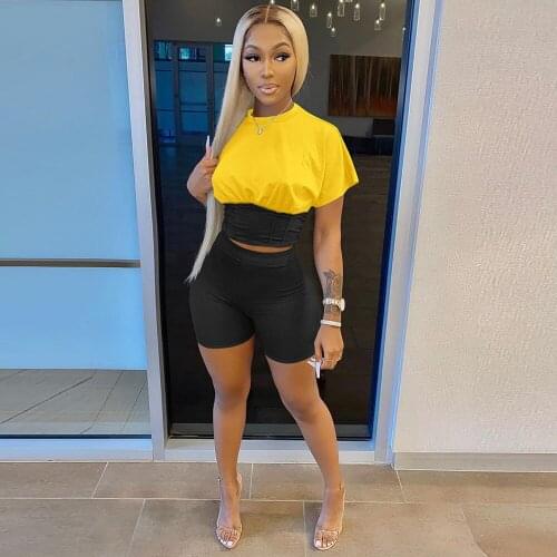 Contrast Color Patchwork 2 Two Piece Set Women Sexy Waist Shaped Short Sleeve Crop Top+biker Short Streetwear Slim Fit Outfits