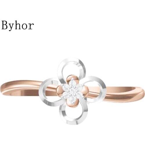 Byhor Solid 14K White+Rose Gold 0.028ct H/SI Natural Diamonds ring Women Fine Jewelry Trendy Wedding Band кольцo flower Ring