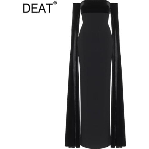 [DEAT] Women Dress New Banquet Slash Neck High Waist Long Sleeve Solid Color Loose Fit Fashion Tide Spring Summer 2021 13U909
