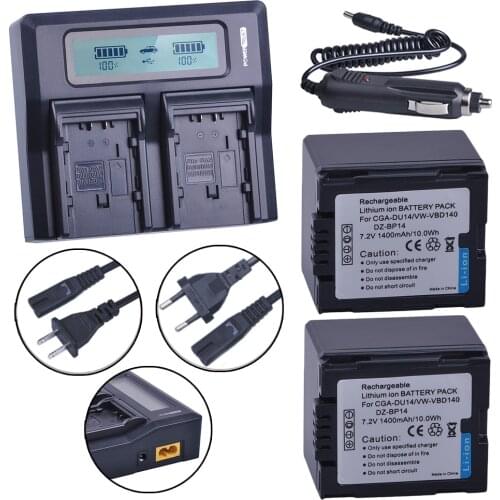2Pcs 1400mAh CGA-DU14 CGA DU14 Battery and LCD Dual Fast Cahrger for Panasonic DU06 DU07 NV-GS10 VDR-M70/M50 CGA-DU12 VW-VBD140