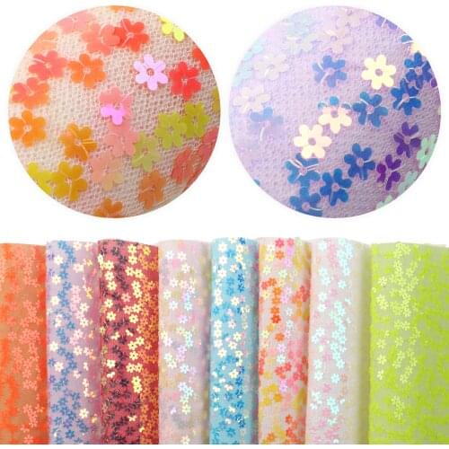 20*33cm Flower Sequins Mesh Layer Synthetic Leather Fabric For Bow-knot Bags Wallet Earring Phone Case Bling DIY,10Yc17005