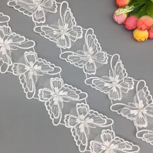 20x Pearl Beaded 3D Butterfly Embroidered Flower Lace Trim Floral Applique Fabric Ribbon Sewing Craft Wedding Dress 6x5cm