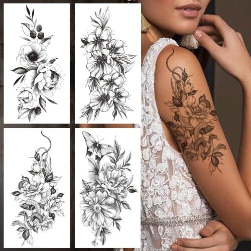Big Snake Flowers Temporary Tattoo For Women Realistic Black Sweatpea Branch Tattoos Stciker Peony Leaves Tatoos Body Arm Hands