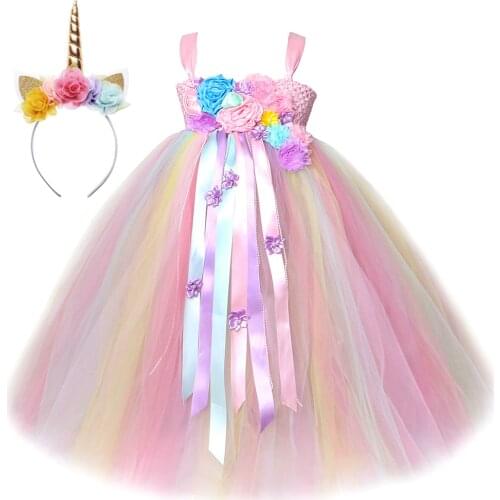 Flower Girl Unicorn Princess Dresses for Kids Christmas Halloween Costume Girls Long Tutu Dress Birthday Party Outfit Floor Gown