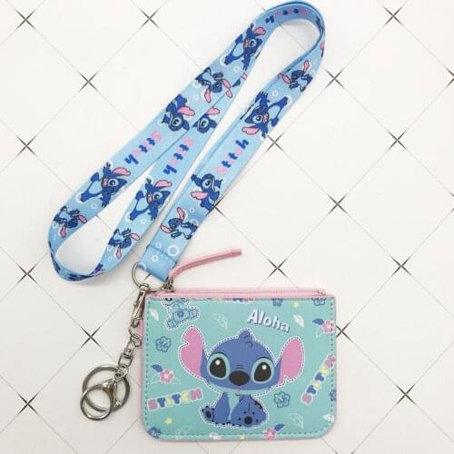 Disney Stitch PU coin purse card holder keychain key lanyard meal card bus card case coin bag Mickey mouse Document card bag