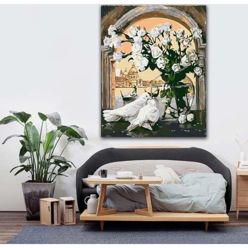 DIY colorings pictures by numbers with colors White rose and white dove picture drawing painting by numbers framed Home