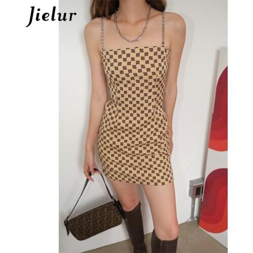 Jielur Fashion Sexy Womens Dress Spaghetti Straps Dresses Metal Chain Lady Party Club Sleeveless Yellow Plaid Print Dress 2021