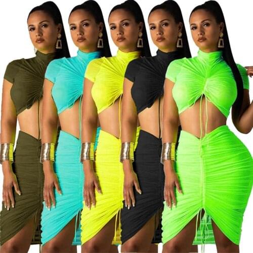 Two Piece Set Women Solid Short Sleeve Turtleneck T Shirts And Ruched Bandage Mini Skirts Holow Out Nightclub Party Outfits