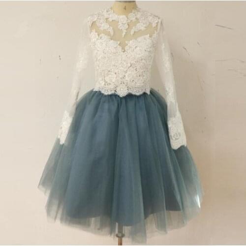 Pretty 2 Pieces Wedding dress Puff Full Sleeves 2020 Lace Blouse With Knee Length Tulle Skirts For Women To Wedding Party