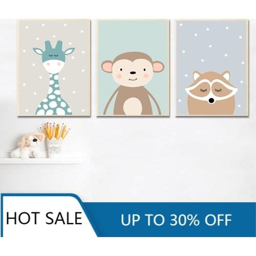 Cute Cartoon Baby Animal Penguin Monkey Nursery Wall Art Canvas Painting Posters Prints Nordic Child Kids Room Decoration Pictur