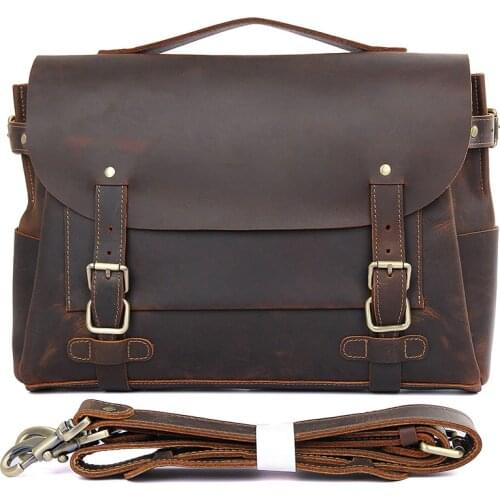 Luufan Men Business Briefcase Vintage Crazy Horse Genuine Leather 15 inch Laptop Messenger Bag Big Capacity Tote Office Handbag