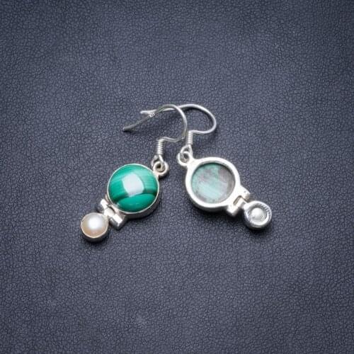 Natural Malachite and River Pearl Handmade Unique 925 Sterling Silver Earrings 1.25" Y2409