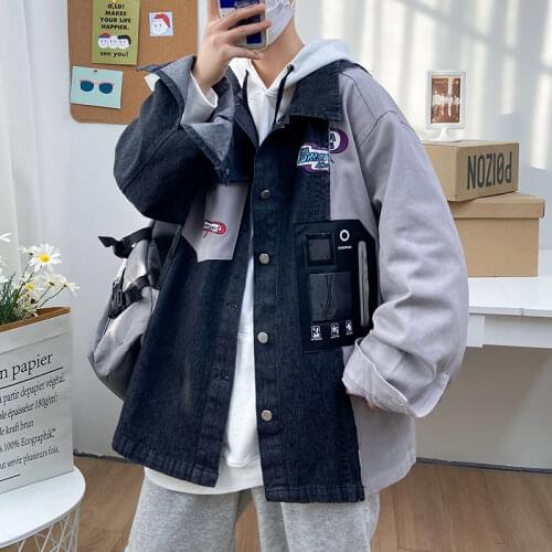 YASUGUOJI New 2021 Spring Fashion Patchwork Jean Jacket Men Streetwear Blue Denim Pockets Mens Jackets and Coats Men Clothing