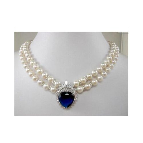 2 row white pearl blue heart crystal Pendant Necklace 17" GOLD CLASP Factory Wholesale price Women Gift word Jewelry