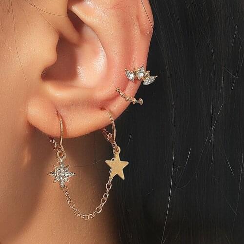 Punk Geometric Zircon Long Star Tassel Chain Stud Earrings Set for Women Ladies Hip Hop Gold Ear Studs Jewelry Gifts