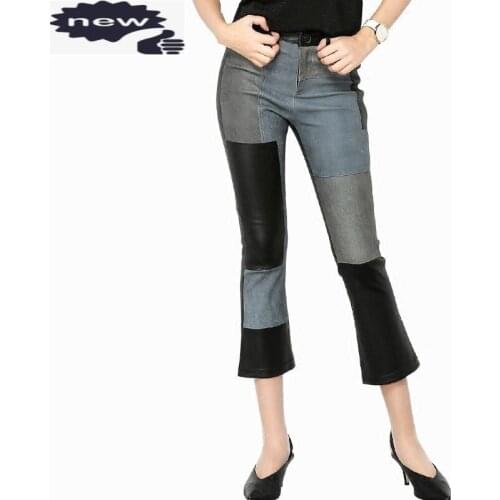 Luxury Women Boot Cut Colors Panelled Real Sheepskin Designer Ankle Length Skinny Stretchy Push Up Genuine Leather Pants