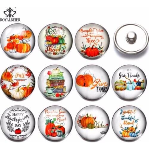 RoyalBeier 12pcs/lot Thanks Giving Day Snap Button 18mm Glass Snaps Button Jewelry Charms Fit DIY Bracelet Necklace Snap Jewelry