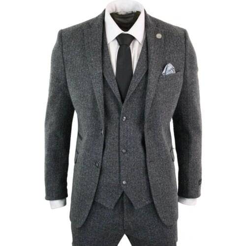 Grey 3 Piece Wedding Tuxedos Notched Lapel Two Buttons Herringbone Tweed Formal Men Suits Custom Made Peaky Blinders Bridegroom