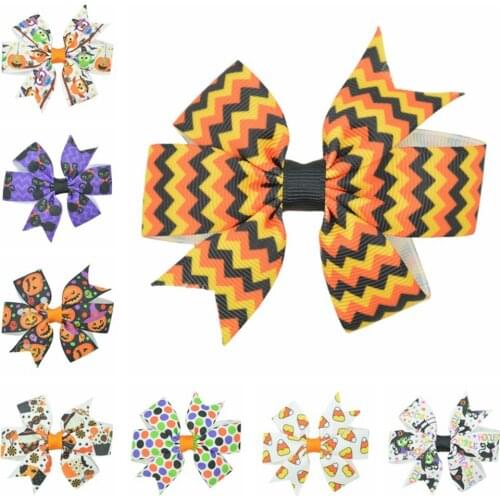 SUPWRF 3.1'' Halloween pumpkin Girls Hair Bow With Clip Boutique Printed Ribbon headwear diy wholesale 20 piece T0929