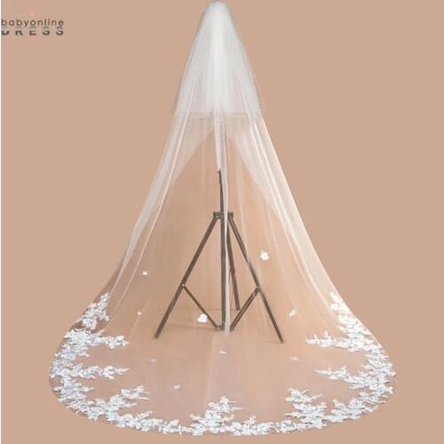 2021 New Design 3M Lace Edge Cathedral Wedding Veil With Comb 3D Flower One Layer Long Tulle Veil Bridal Voile White Ivory Welon